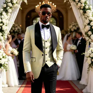 Men's 3-Piece Batik Dyeing Jacquard Tuxedo Suit, Luxury Yellow Formal Suit for Wedding, Prom & Party