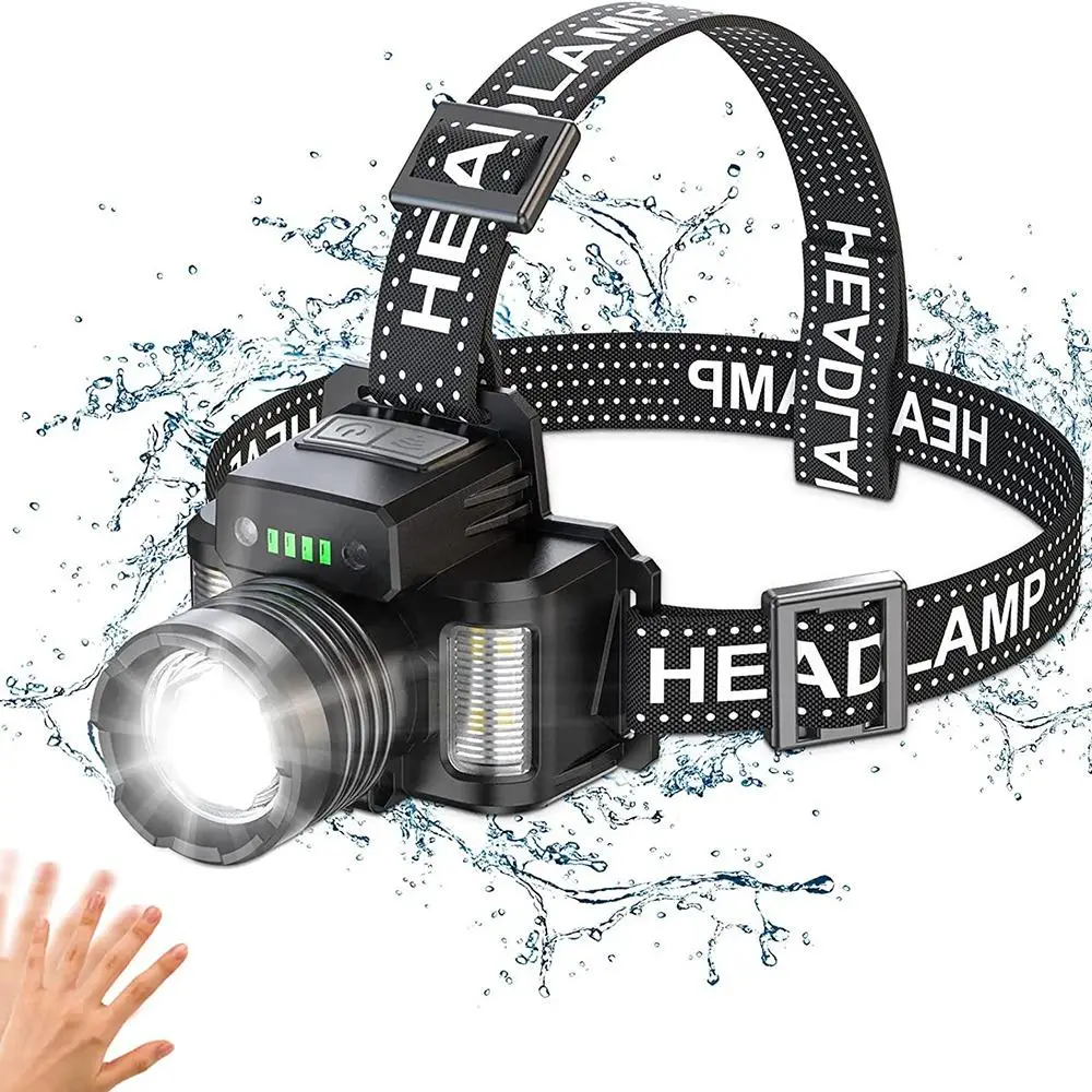 Outdoor Portable LED Flash Light, 2000lm LED Headlight Built-in Type C Charging with Output Charge Indicator Induction Headlight for Camping, Running,