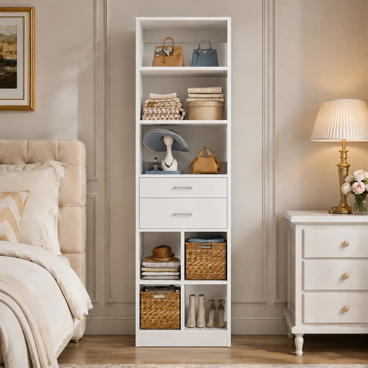 Modern 79.7"h Narrow Shape Floor Standing Storage Cabinet with Drawers, Closet Tower & Kitchen Pantry Bookshelf with Cubbies, Freestanding Indoor Wardrobe Furniture