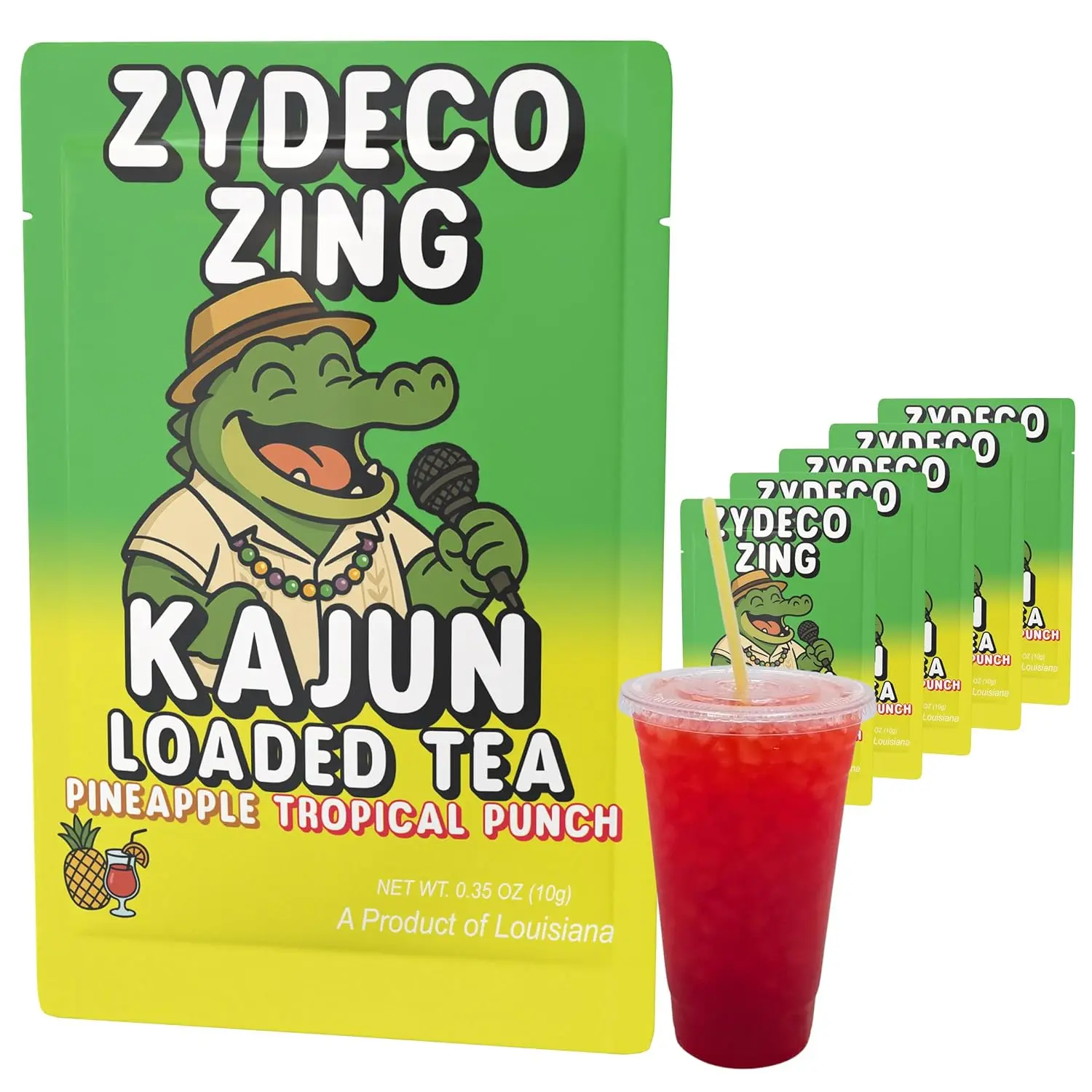 Kajun Loaded Tea Packets Zydeco Zing, Pineapple & Tropical Punch Sugar Free Green Tea Drink Mix, 250mg Green Tea Caffeine, Zero Calorie Keto Friendly Tropical Tea Powder Sticks for On-the-Go Refreshment