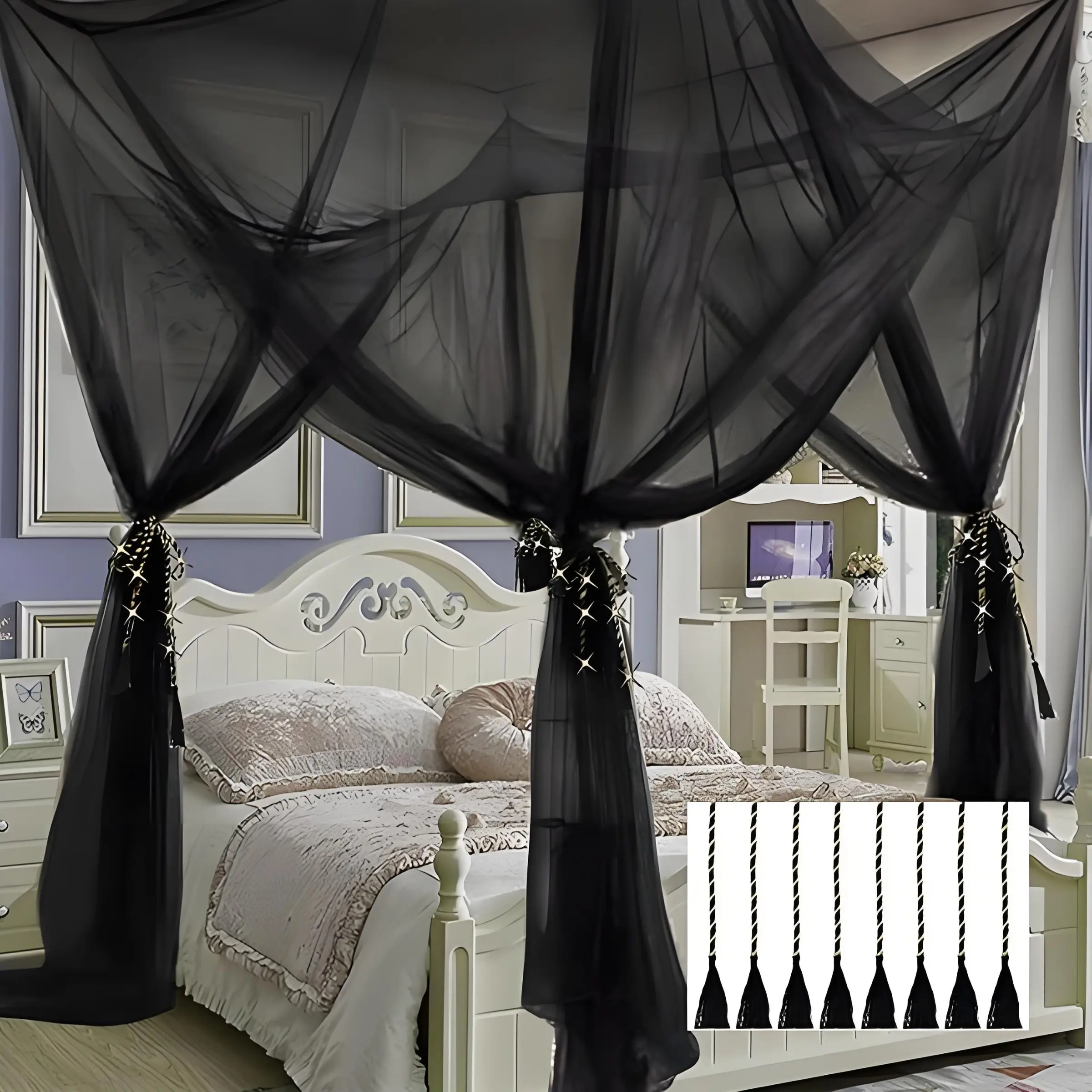 Elegant Mosquito Net Bed Canopy, 4 Openings, Queen & King Size, Bohemian Cotton Tassel, Dense Fine Mesh, Breathable Polyester, Summer Gift, Mosquito Net Cover, Mosquito Net For Bed