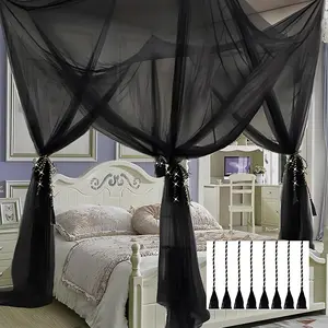 Elegant Mosquito Net Bed Canopy, 4 Openings, Queen & King Size, Bohemian Cotton Tassel, Dense Fine Mesh, Breathable Polyester, Summer Gift, Mosquito Net Cover