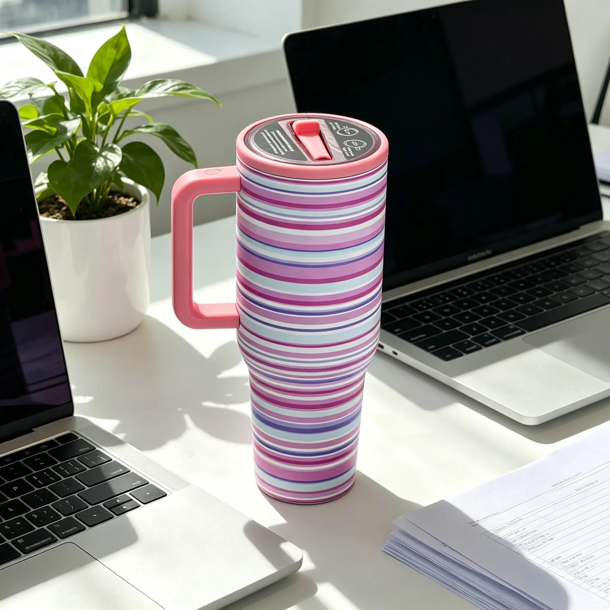 HydroJug 40oz Pink Striped Stainless Steel Tumbler, Wide Comfort Handle, Matching Pink Straw Lid, Leak-Proof, Up To 24 Hour Cold Retention, Portable Water Bottle for Office, Fitness & Daily Use