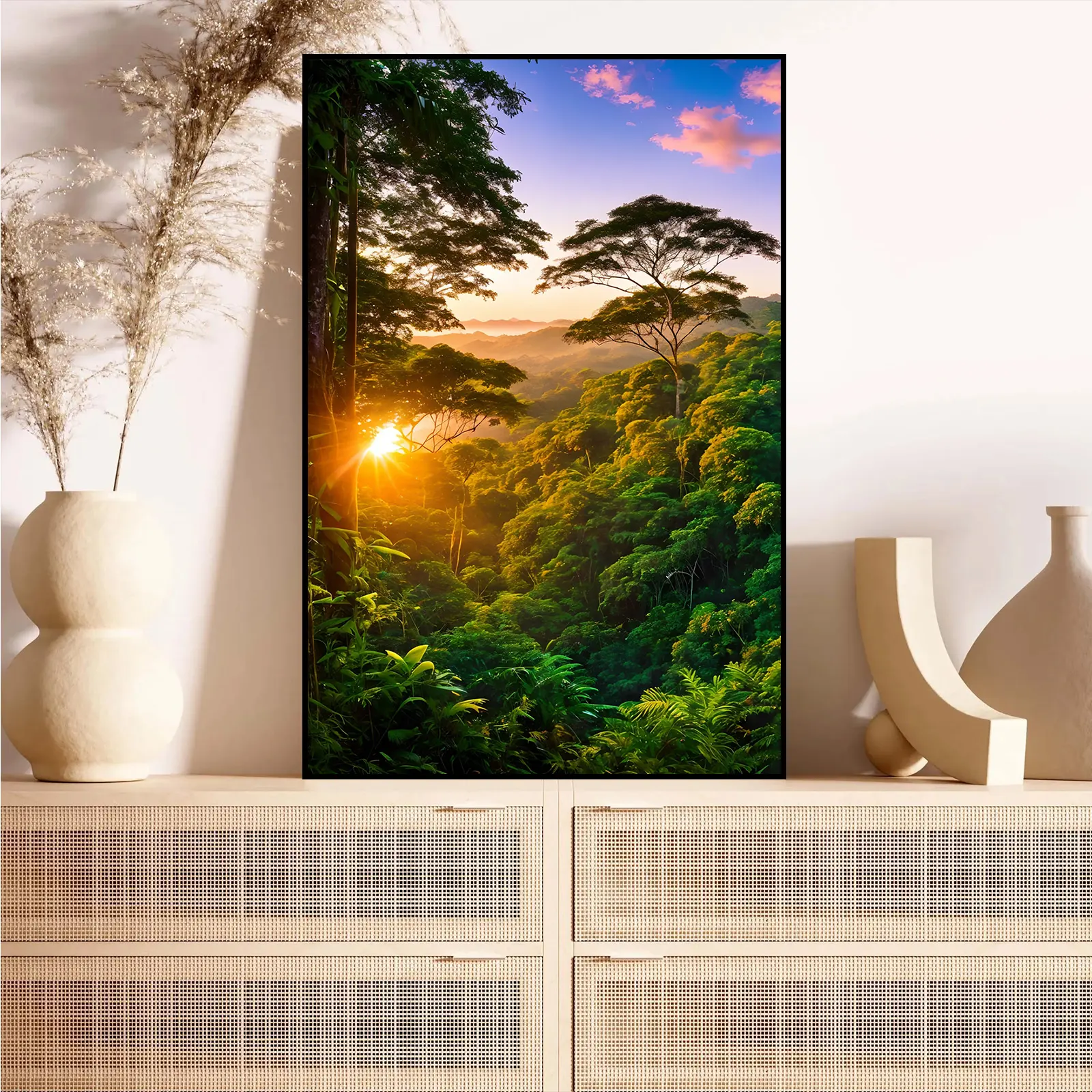 Sun-kissed Tropical Jungle Canvas Print Lush Greenery Wall Art with Golden Hour Lighting Nature-Inspired Rainforest Poster for Living Room Bedroom Home Office Decor Vibrant Jungle with Mountain Backdrop