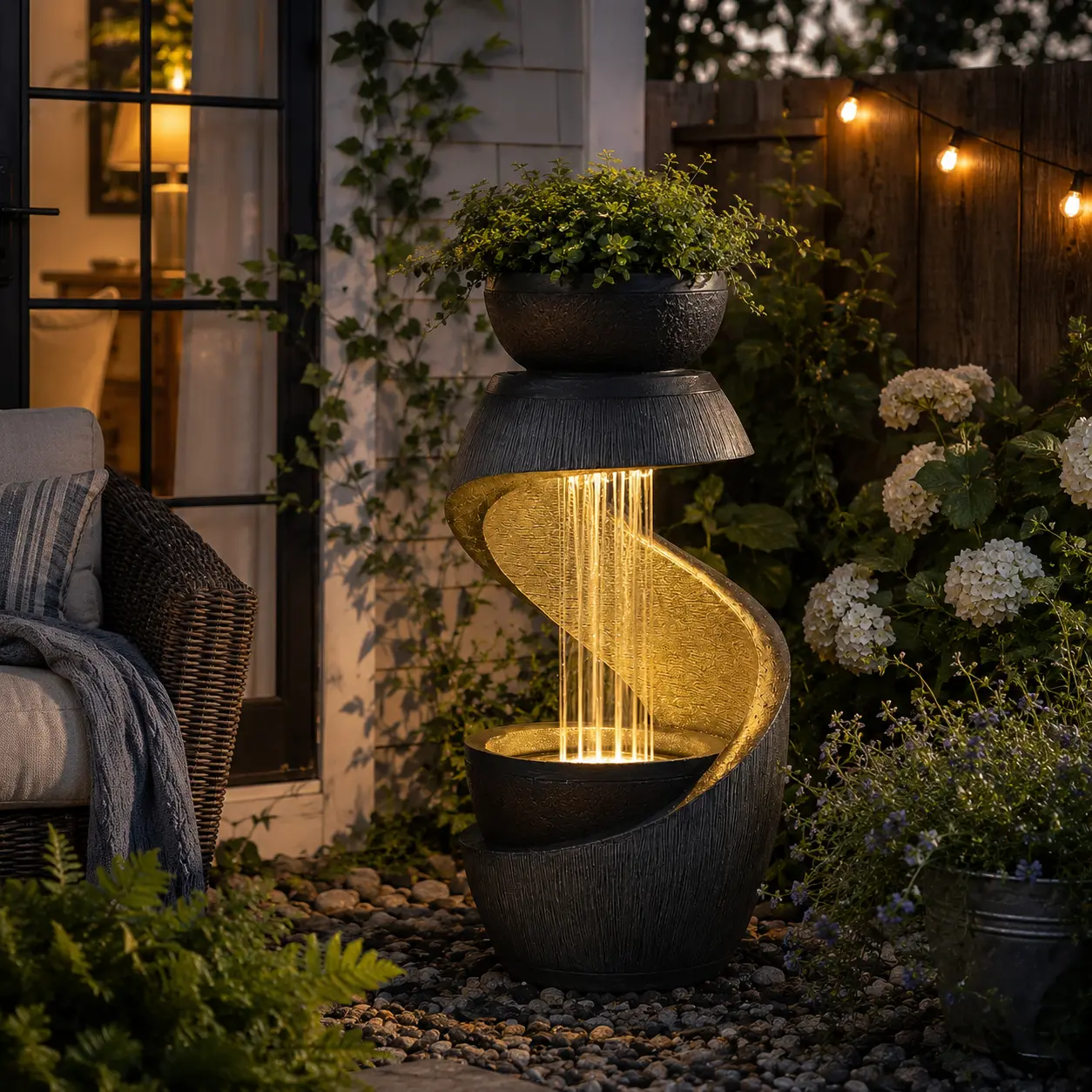 Tankana 31.9-in S-Shaped Resin Freestanding Fountain - LED Lights, Planter, Bird Bath for Patio, Home Waterscape Decor