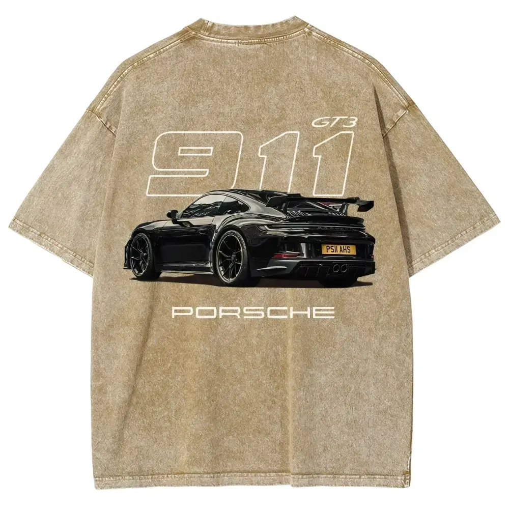 911 GT3 Racing Tshirt Unisex Fit Washed Cotton T-Shirt Oversize Menswear Tops  Streetwear Round Neck Tshirt