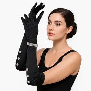1920s Black Satin Elbow Gloves with Rhinestone Bracelet