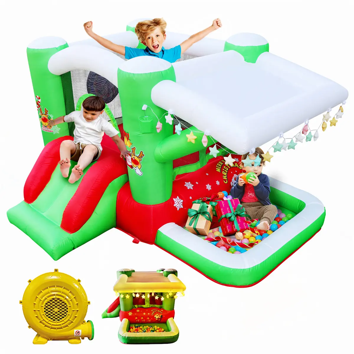 Christmas Style Jump 'n Slide Inflatable & Bouncer Castle with Blower and temperature control device for Kids , 80" x 91" Play Area , 55" Tall