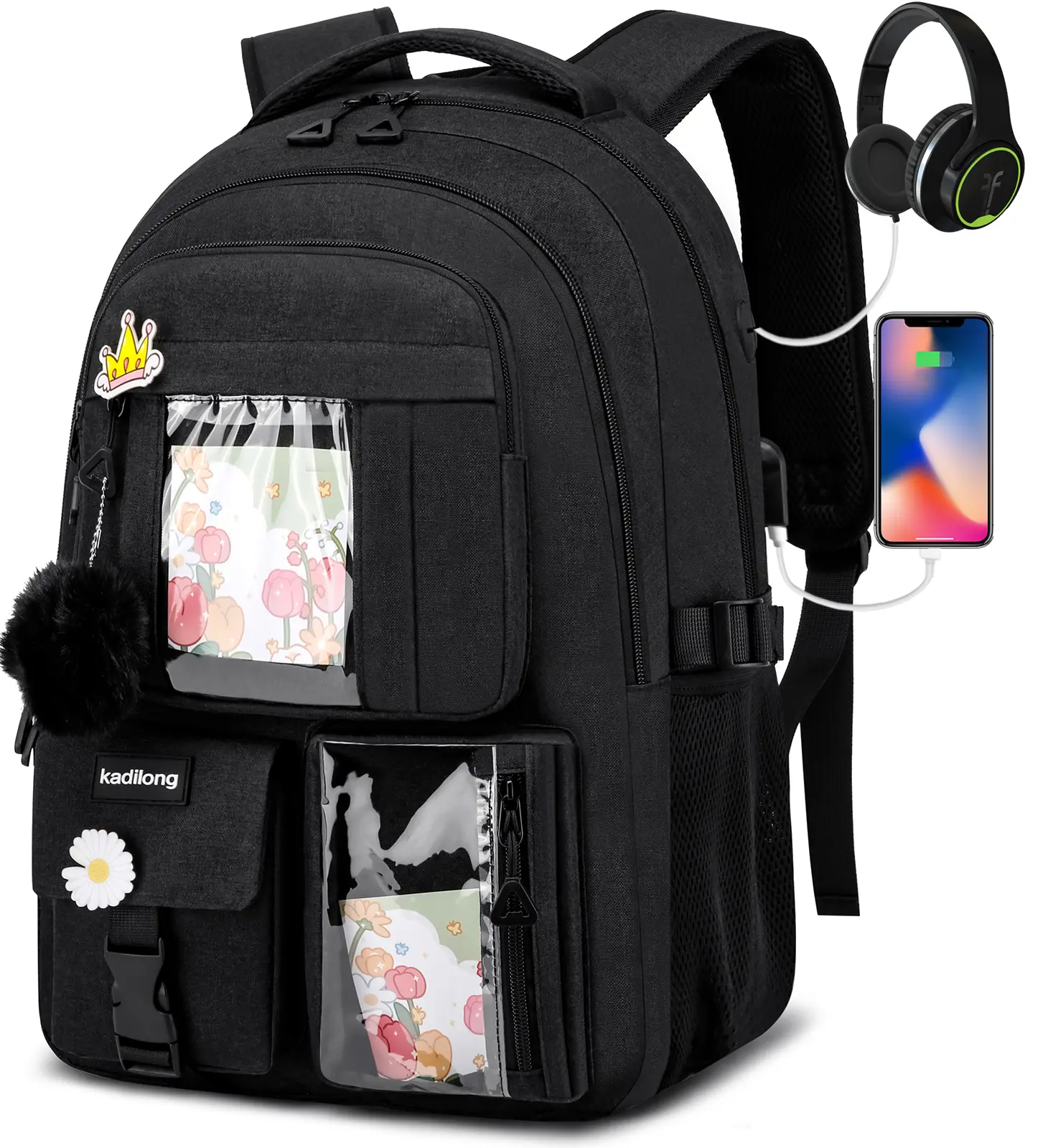 Women's 15.6" Waterproof Multifunctional Backpacks for School - Anti-Theft, USB Charging Port, Large Capacity, Breathable Mesh Back, Luggage Strap, Bow, Cute Pom Pom, Laptop Compartment, Lightweight (Teen Girl Gifts, Travel Bag)