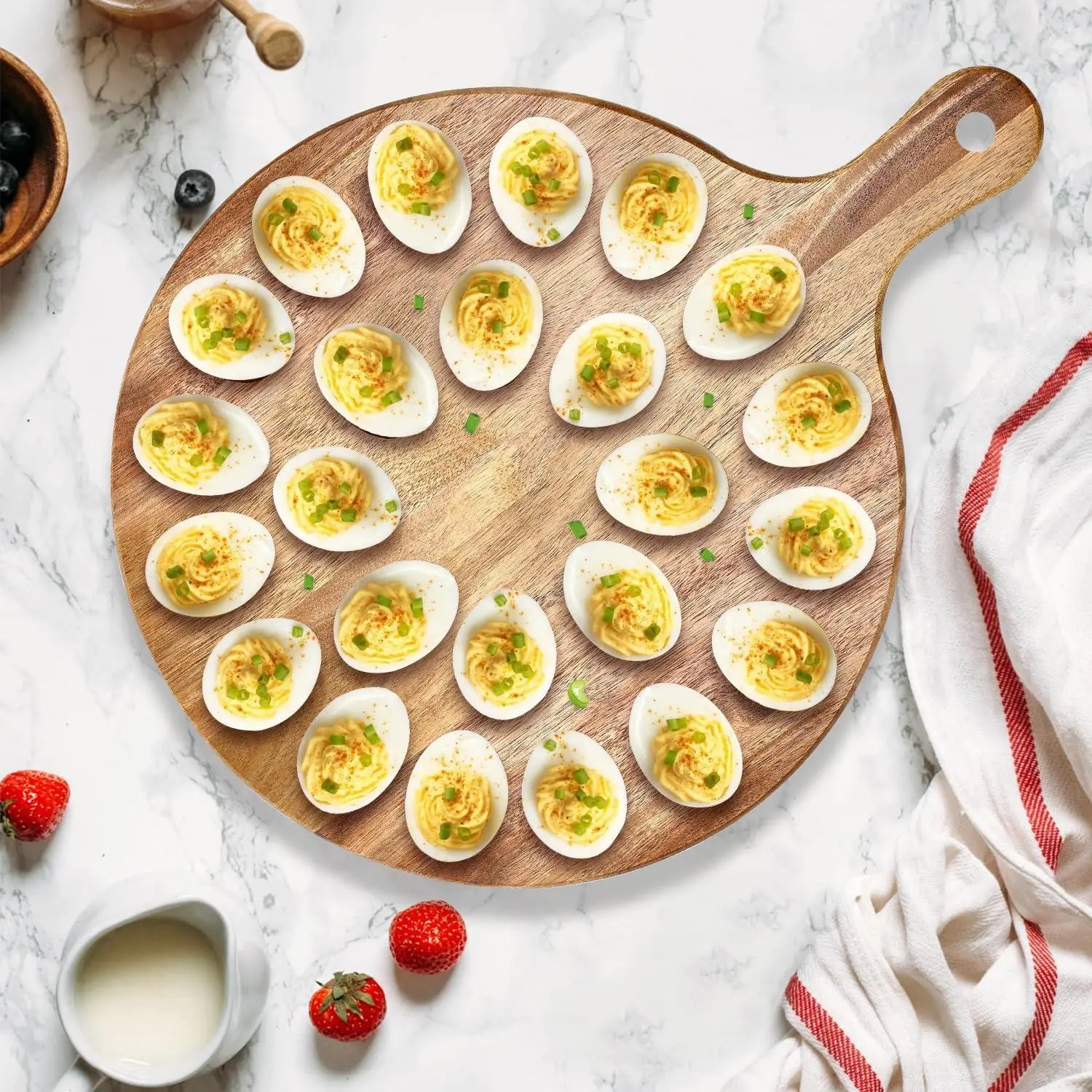 Deviled Egg Platter, Wooden Deviled Egg Tray, Reversible 24 Holes, Round Egg Holder, Charcuterie Board, Serving Tray for Kitchen Countertops, Aesthetic, Circular