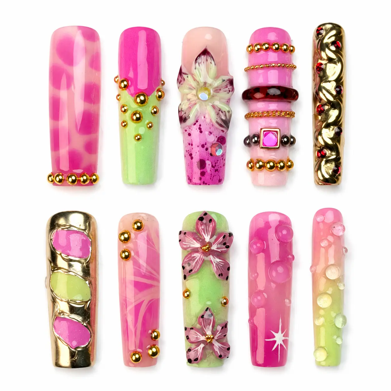 Women's Press on Nails Kit, Neon Bloom Pop Hot Pink-Lime Green Camo Flower Design, 10 Pieces Manicure False Nails with Flower Charm, Square Shape