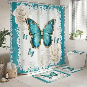 4pcs Blue Morpho Butterfly Bathroom Decor Set, Bathroom Set With Shower Curtain, Waterproof Shower Curtain, Bath Mat, Toilet Seat Cover, Floral Pattern, Holiday Gift