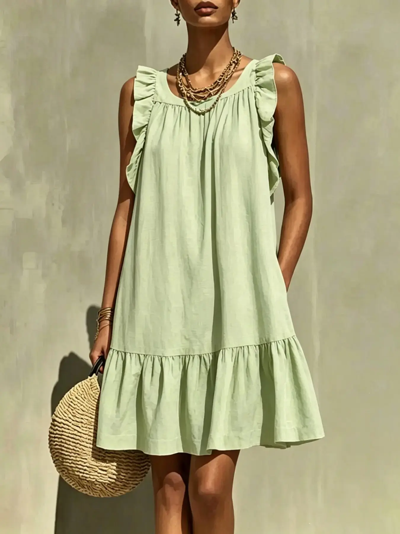 Women's Multicolor Ruffle Shoulder Sleeveless A-Line Short Lightweight Woven Dress, Layered Ruffle Hem Loose Casual Summer Beach Vacation Dress