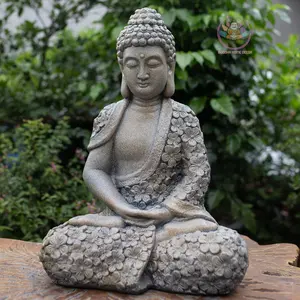 Buddha Home Decor Meditating Buddha Statue 16.9" Antique Stone Finish Floral Robe Sculpture for Home Decor & Garden Use Decorative Religious Gift Ornaments