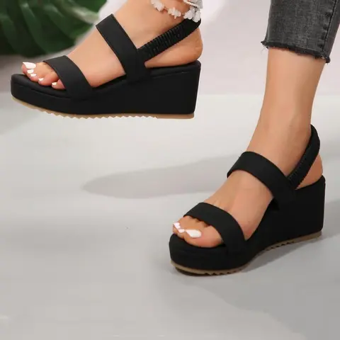 Women's Fashionable Plain Color PU Leather High Platform Sandals, Casual Adjustable Strap Wedge Sandals for Summer, Lightweight Breathable Comfortable Shoes for Daily Wear, Casual Trendy Sandals, Girl, Fashionable Footwear