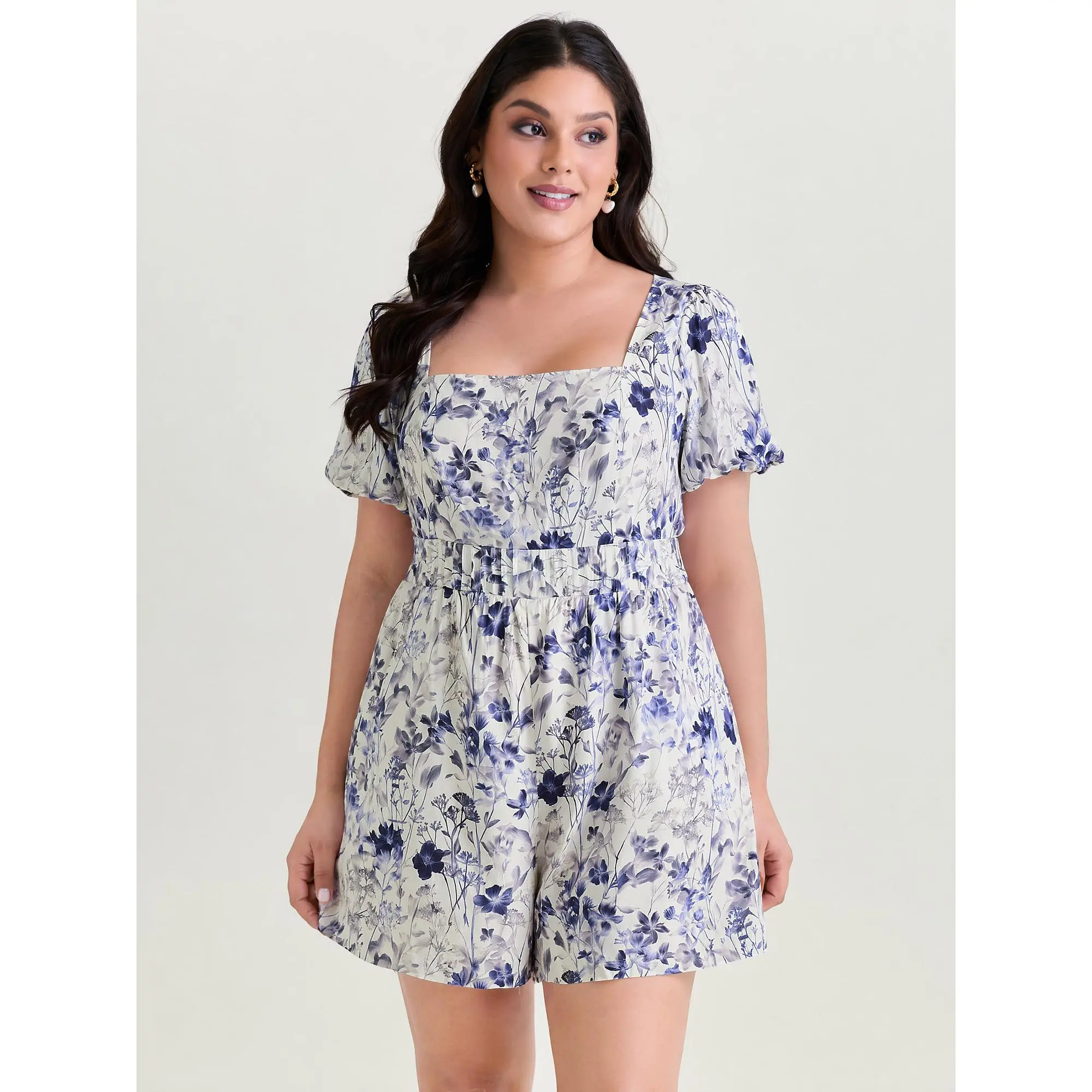 BloomChic Women's Plus Size Romantic Ditsy Floral Garment Romper - Smooth Rayon Fabric, Short Bubble Shortsleeve, Smocked Bodice, Side Pockets, Low Iron, Summer Wear, Casual, Cold Wash, Navy, Overalls, Rompers For Women, Floral Print, Rayon Shell, Multi-S
