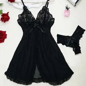 Polyester Women'S Elegant V-Neck Lace Embroidered Nightdress with Matching Panties - Sleeveless, Solid Color, Semi-Sheer Sleepwear for All Seasons, Black, Lace Trim Detail, Includes Briefs