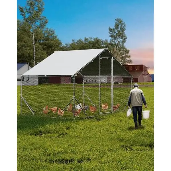 GARVEE Large Metal Chicken Coop, Chicken Run for 6/10 Chickens, Outdoor Walk in Poultry Cage with Anti-UV Cover and Waterproof, 6.56 x 9.84 x 6.56 ft