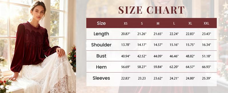 Yeokou Women's Long Sleeve Velvet Trim Lace Blouse Elegant Flared Swing Top Round Neck Casual Wear for Parties Weddings Dinners Office Dates