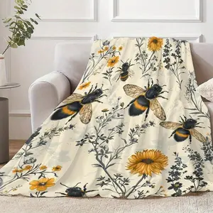 Bee and Wildflower Theme Flannel Blanket Comfortable bedding for all seasons,perfect for naps,camping,travel An ideal gift for friends family,comfortable flannel blanket Available in various sizes,ultra-soft, a winter essential birthday celebration