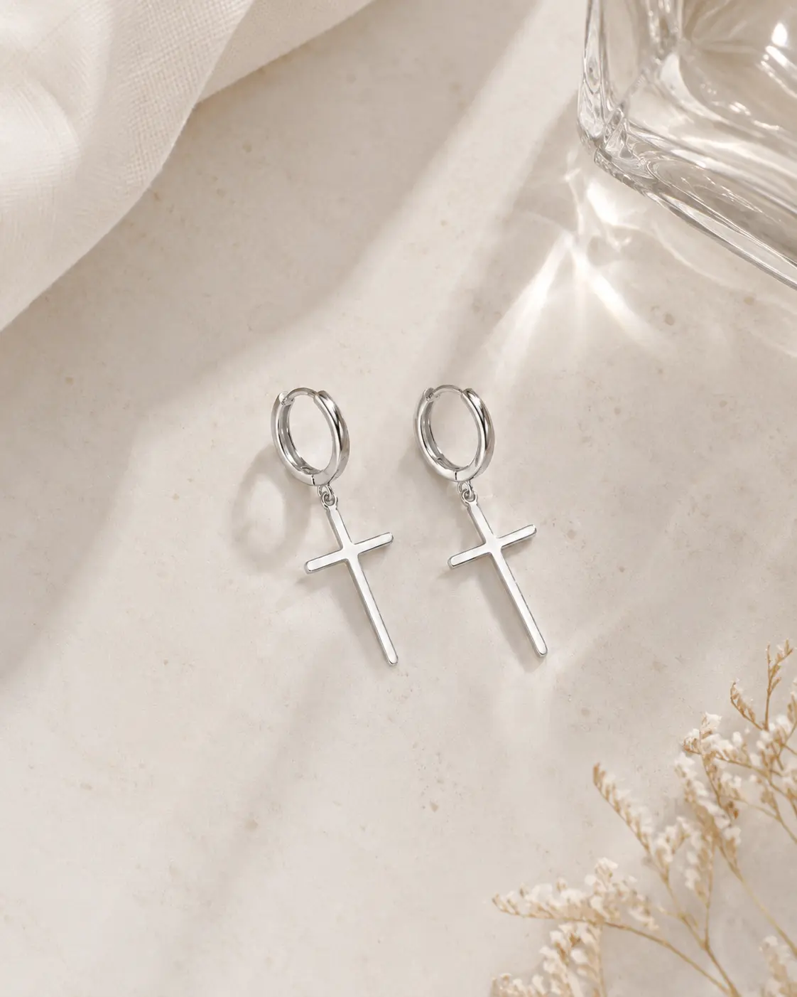 Sacred Motion S925 Sterling Silver Cross Motif Huggie Earrings - Everyday, Lightweight, Minimalist Unisex Drop Hoops