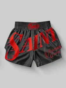 Vintage Saint Letter Print Satin Shorts, Men's Y2K Street Style Boxing Shorts, Trendy, Comfortable and Fashionable Summer Shorts