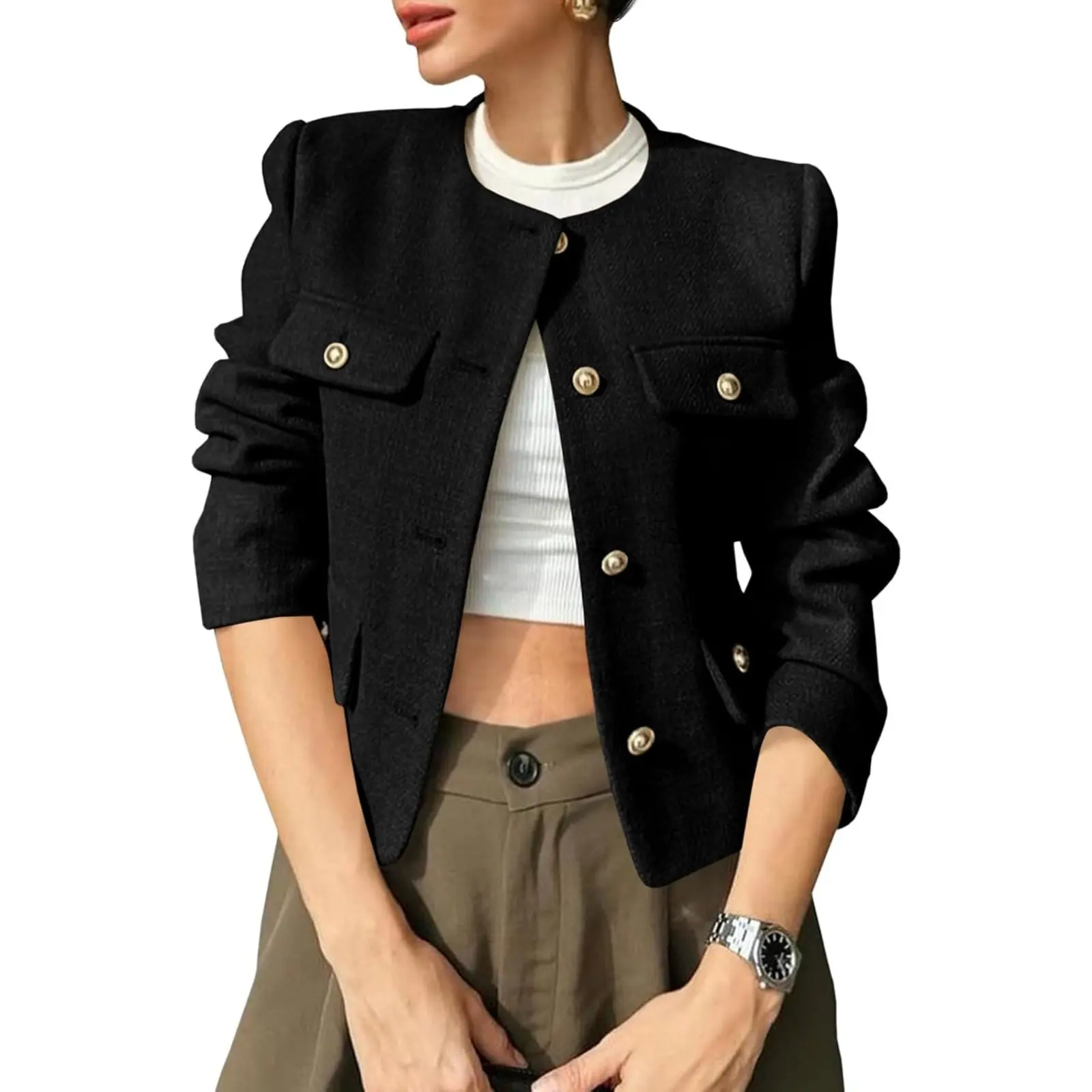 Cicy Bell Women's Cropped Tweed Blazers Jacket Collarless Button Down Coats | Business, Dressy, Casual, Trendy, Work, Office, Fall, Winter, Spring, Fashion