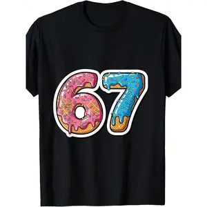 Girls & 67 Ice Cream Drip Number 67 T-Shirt - Black with Pink & Brown Donut Meme Design, Short Sleeve Casual Summer Tee for, Party Outfit, Funny 67th Gift Idea (3-13Y)