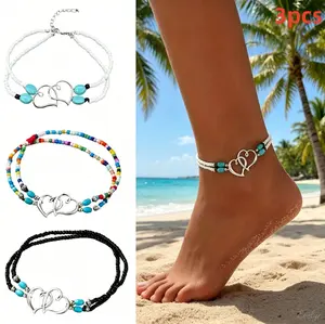 Bohemian Heart Beaded Anklet Set, 3pcs Adjustable Layered Foot Jewelry, Turquoise‑Accent Ankle Bracelets for Women