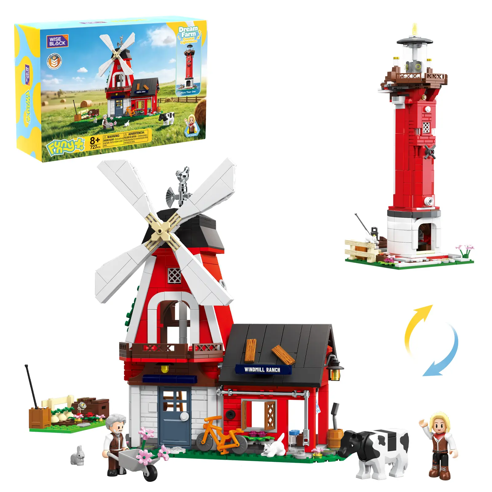 WISE BLOCK Dream Farm & Lighthouse Plastic Building Set, 650 Pieces 2-in-1 Windmill House & Lighthouse Toy, STEM Educational Blocks with Minifigs, Easy Rebuild & Play for Kids Ages 6+ to Boost Creativity