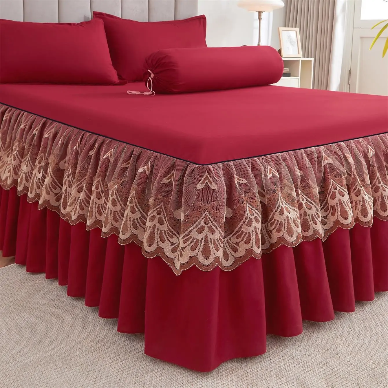 Modern Solid Color Ruffle Lace Bed Skirt Set, 3 Counts Soft Dustproof Bedding Set for All-Season Bedroom Decor