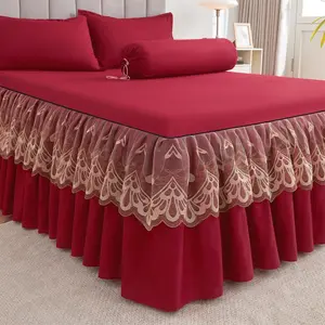 Modern Simple Solid Color Ruffle Lace Bedskirt Set, Soft Comfort Dustproof Sheet Skirt Three-Piece Set, All-Seasons Bedroom Decor