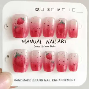 10Pcs Women and Girls Cute Fruit Press on Nails Short Style Gradient Strawberry Dot and Yellow Iced Lemon Watermelon  Fake Nails