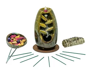 Gold Ceramic Waterfall Backflow Incense Burner with Mixed Incense Cones, Sticks | Gift | Home Decor | Aromatherapy| FREE Organic Sage