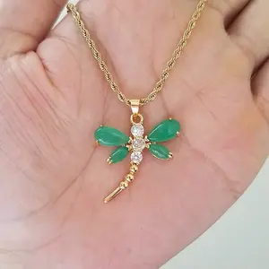 Green Dyed Quartz Dragon Fly Pendant & Rope Chain Stainless Steel 18K Gold Plated Hip-Hop Style Necklace for Women Men Children
