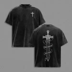 Unisex Vintage Washed Oversized Christian T-Shirt - Isaiah 54:17 Scripture, Sword & Cross Graphic, Heavy Cotton Classic Ribbed Seamless Apparel, Dark Streetwear Clothe for Biker Casual Wear Washed Streetwear soft cotton vintage  unisex t-shirt washed tees
