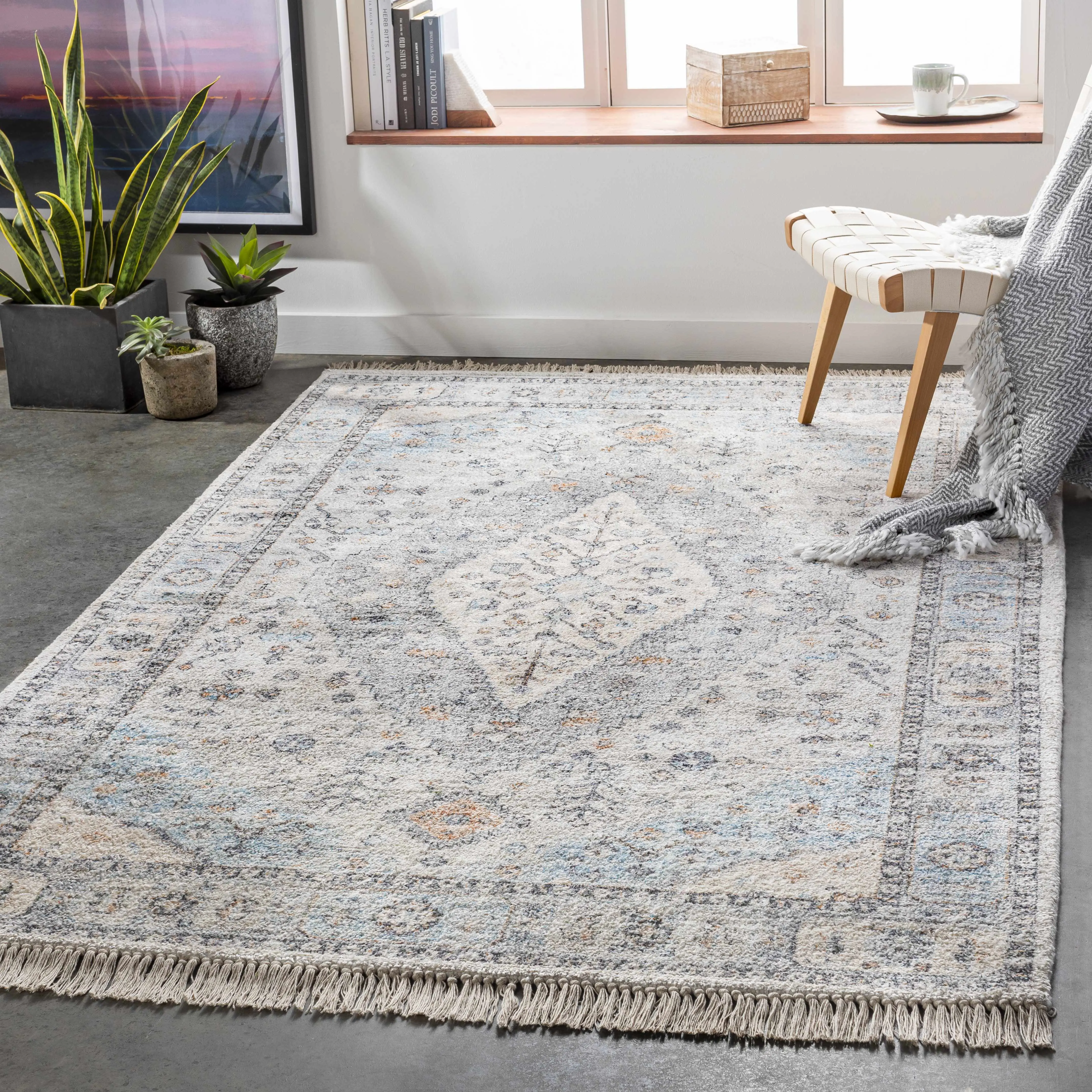 Fernhurst Distressed Beige Viscose & Cotton Decorative Floor Rug - Clearance, Decorative Rug