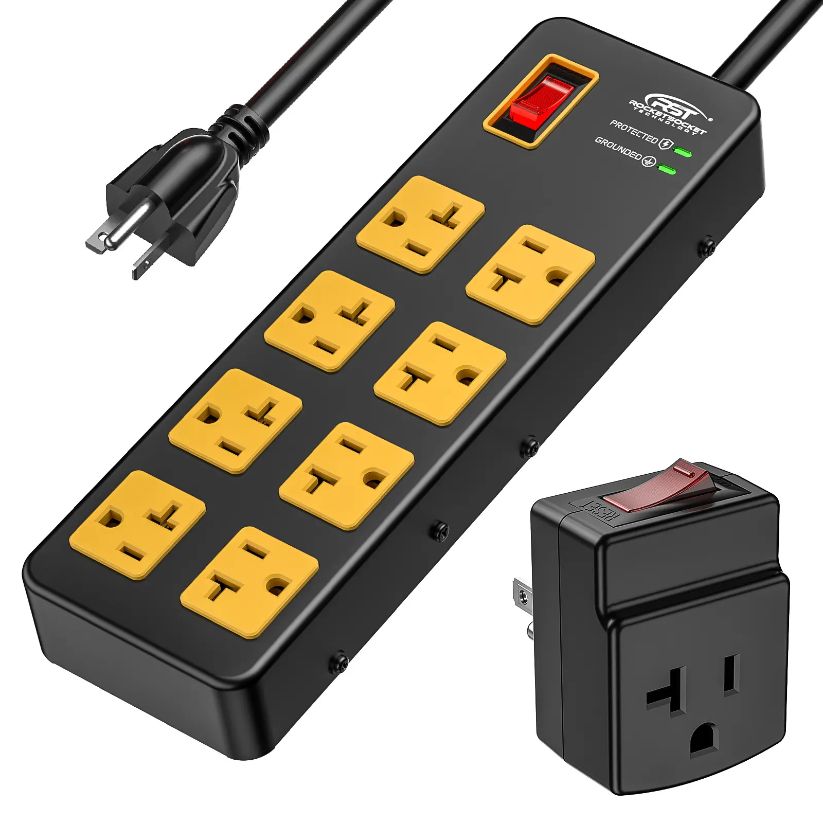 CRST 8 Outlets 20A 2500W Heavy Duty Mountable Metal Power Strip Surge Protector 1960J Surge Protection, 12 Gauge Cord, 5-15P to 5-20R Plug Adapter, ETL Listed