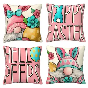 Easter Happy Rabbit Dwarf Decorative Pillow Cover Easter Egg Rabbit Pillow Cover Decoration, Pink Spring Home Decoration, Suitable for Sofa 4-piece Set Double sided Printing