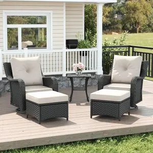 LayinSun 5-Piece Outdoor Wicker Swivel Rocking Chairs with Rattan Side Table and ottoman, Patio Furniture Set with 6-inch Comfy Cushions for Garden, Backyard, Porch