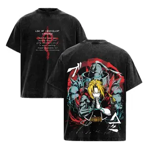 Vintage Fullmetal Alchemist Oversized T-Shirt - Edward & Alphonse Graphic Acid Wash Tee for Men & Women, Anime Streetwear FMA Manga Apparel Y2K Retro Anime Clothing Cosplay Casual Wear Law of Equivalent Exchange Brotherhood Merch Gifts for True Anime Fans