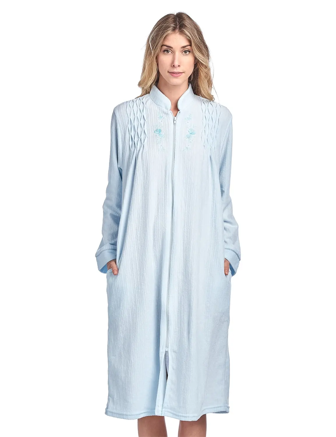 Casual Nights Women's Lightweight Jacquard Terry Fleece Duster Robe, Long Sleeve Zip-Front Nightwear with Floral Embroidery & Pockets
