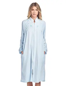 Casual Nights Women's Lightweight Jacquard Terry Fleece Duster Robe, Long Sleeve Zip-Front Nightwear with Floral Embroidery & Pockets