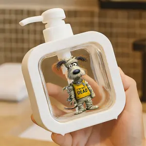 3D Animated Mummy Dog Character 'I’M NOT DEAD' - Moisturizing Hand Pump Bottle, Soap Dispenser, Kitchen & Bathroom Decor, Playful Halloween Themed, Bandaged Dog with Flame Ears, Yellow Tank Top, Small Tag, Gray Face, Cartoonish Whimsical Design