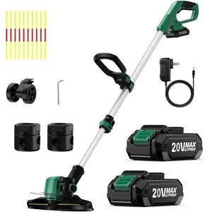 Cordless Weed Wacker Battery Operated w/ 2 x 2.0Ah Batteries, 2-in-1 String Trimmer & Edger with Charger & Wheels, 12" Dual-Sided Cutting Line, 10Pcs Cutting Lines, 20V Weed Trimmer for Lawn Yard