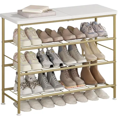 LINZINAR 4-Tier Corrosion-Resistant Metal Frame Wood Shoe Rack Organizer - Rectangle Unit with MDF Top Board, Adjustable 16-Pair Shelf, Rotatable Storage for Entryway, Desk, Decorative Fit for Heels+Sneakers (Assembly Required),home decor