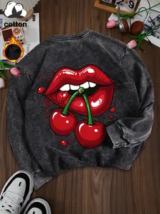 Women's Cherry Print Cotton Pullover Sweater, Casual Fitted Long Sleeve Round Neck Top, Fall & Winter Fashion, Warm Knitwear