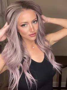 MACA BAKA Sara Apricot Pink Ombre Highlight Lace Front Wig with Scandinavian Hairline Low Density 16 Inches Long Natural Wavy HD Synthetic Lace Front Wigs for Women Pre Plucked