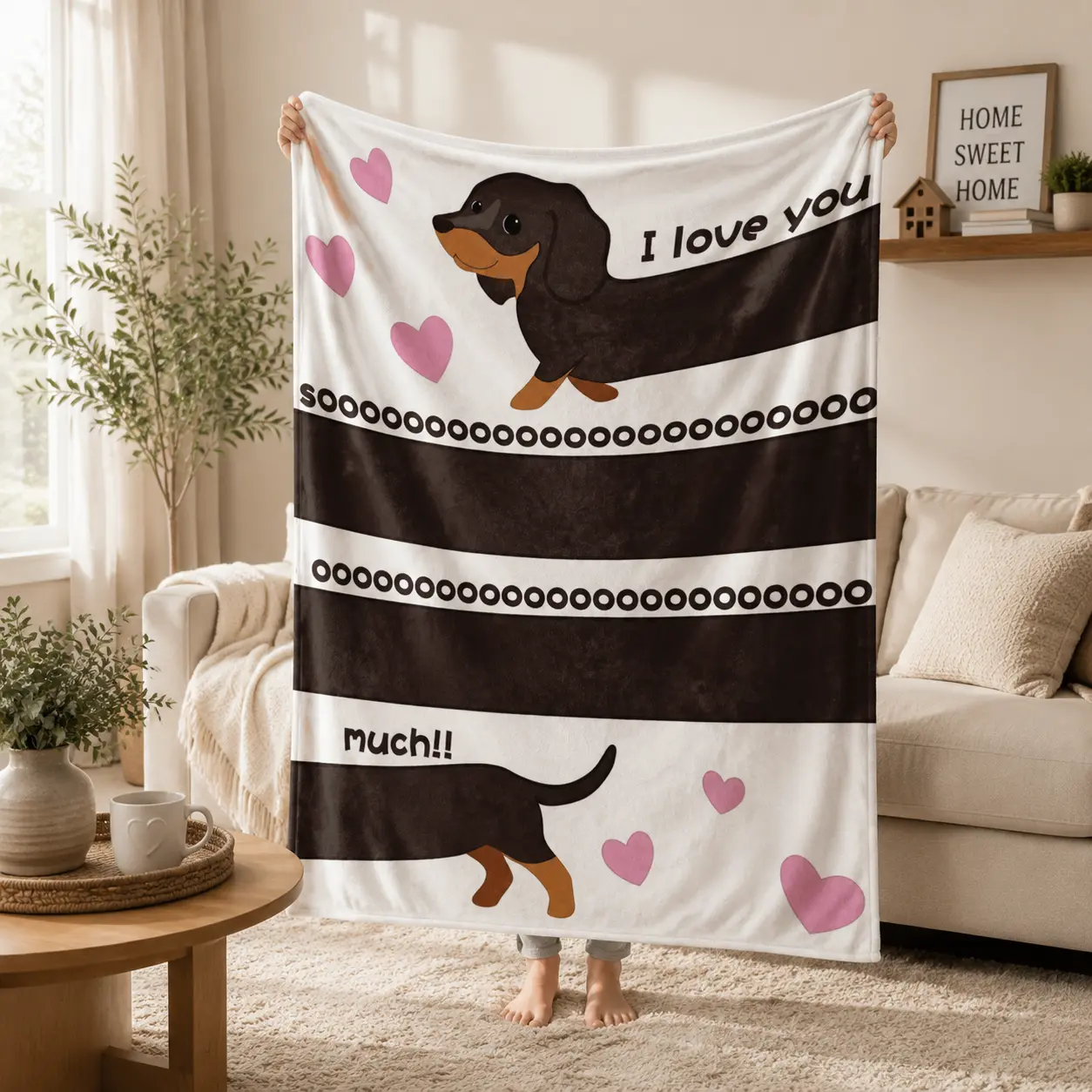 Cute Dachshund Dog Print Fleece Throw Blanket, Sweet Heart & Striped Pattern Soft Cozy Flannel Blanket, I Love You Quote Decorative Blanket for Sofa Bed, Gift for Dog Lovers