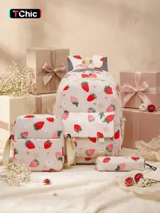 Strawberry Print Backpack Set, Cute Girl Style Student Backpacks, Includes Crossbody Bag & Pencil Case, Large Capacity, Waterproof, Durable